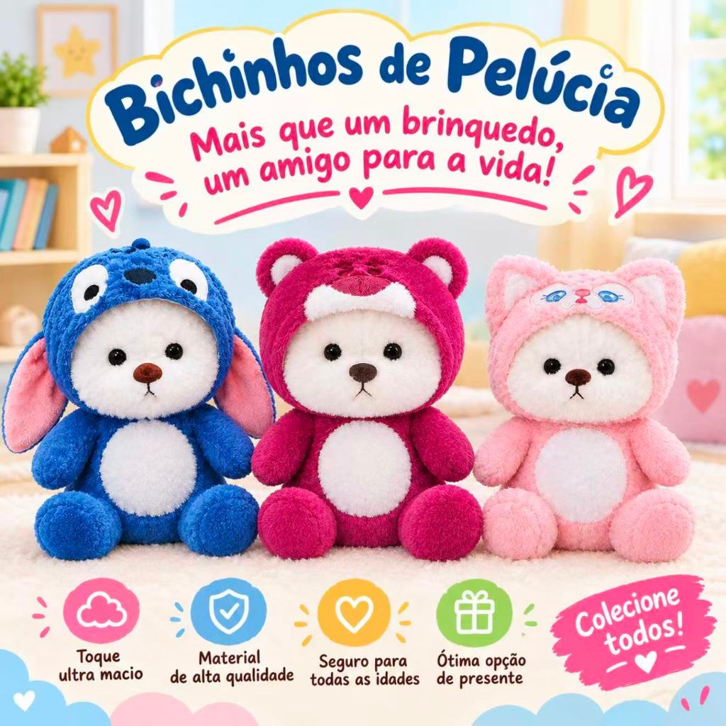 Ursinho de Pelúcia 25cm Superfofo – Azul, Rosa e Morango | Presente de Natal e Aniversário