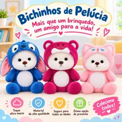 Ursinho de Pelúcia 25cm com Roupinha – Azul, Morango e Rosa | Presente de Natal e Aniversário