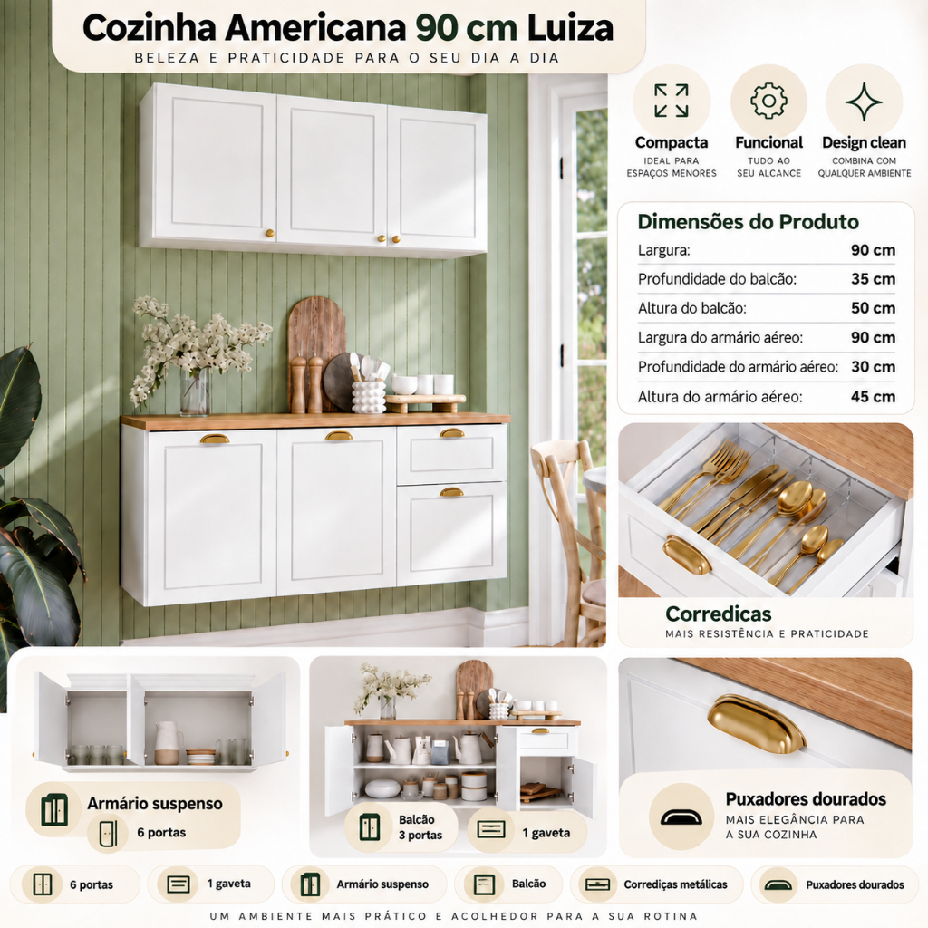 Armário de Cozinha luiza 90cm Completa Aéreo Balcão 6 Portas e 1 Gaveta Compacta Suspensa De Parede · foto 2