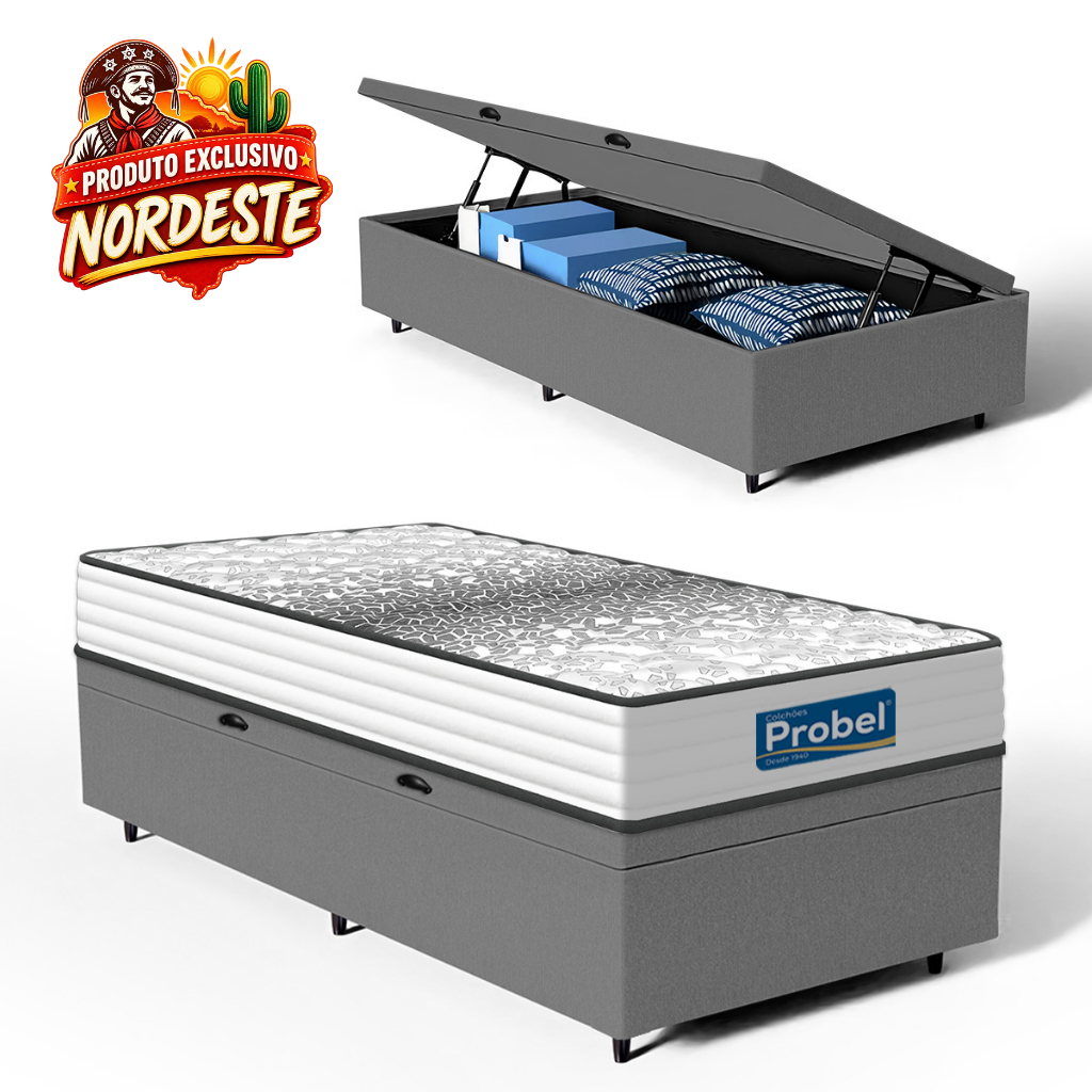 Cama Box Baú com Colchão de Molas Ensacadas Double Face Essence Probel Solteiro 88cm