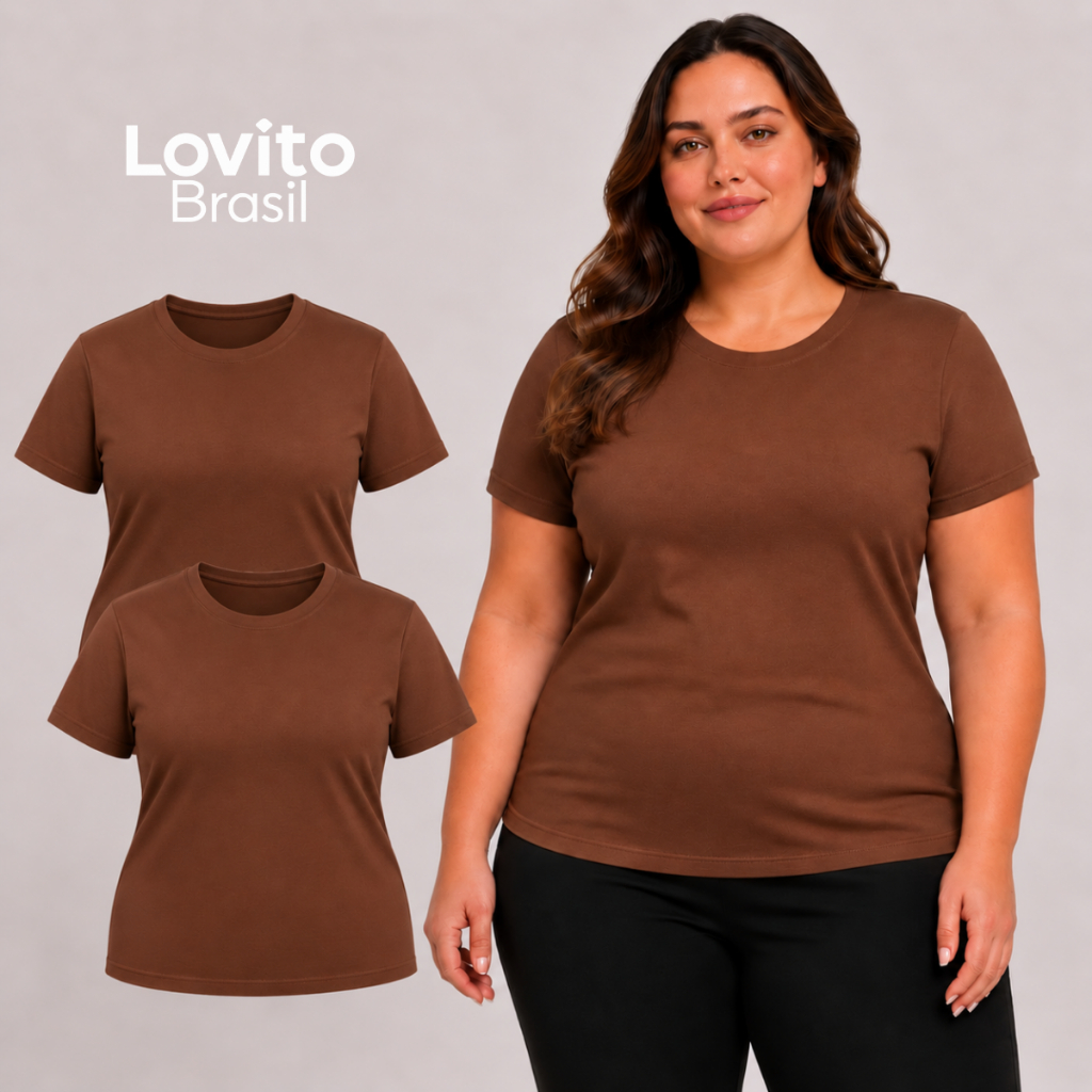 Lovito Kit 2 Camisetas Baby Look Plus Size Feminina de Algodão Básica TSB20442074 — imagem 2 de 2