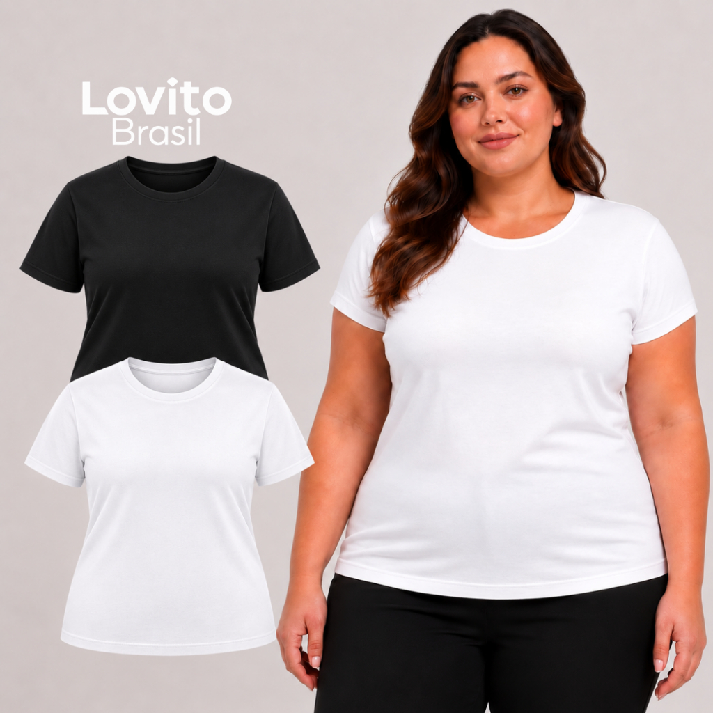 Lovito Kit 2 Camisetas Baby Look Feminina Plus Size de Algodão Básica TSB20442074