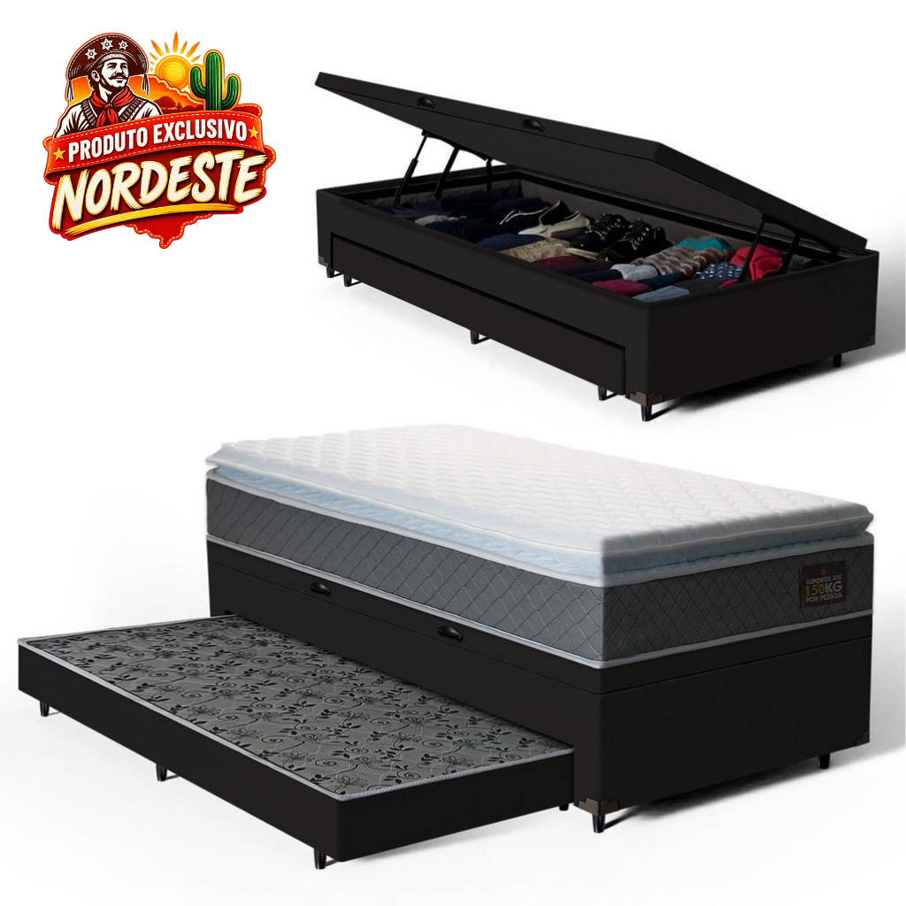 Cama Box Baú com Colchão de Espuma D45 Pillow Top Fort Comfort + Auxiliar Unique Solteiro 88cm