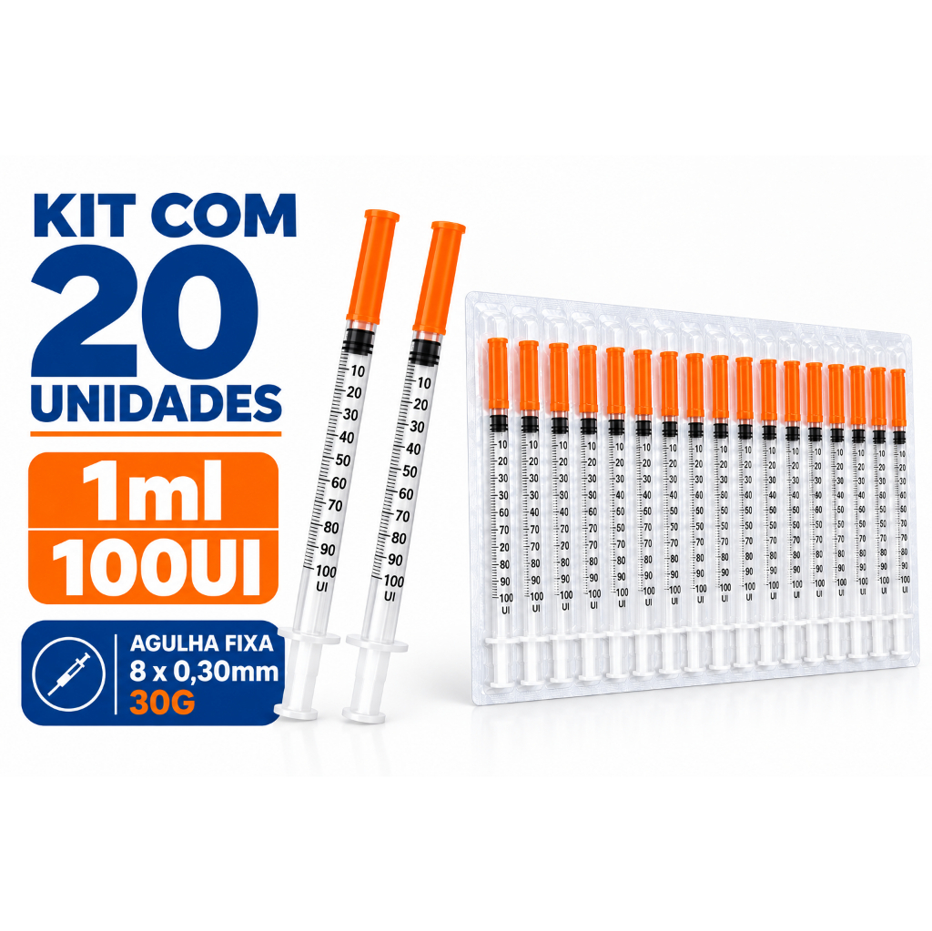 Kit C/20 Seringas de Insulina 1ml Agulha Fixa 8mm x 0,30mm 30g (100UI) - Venper