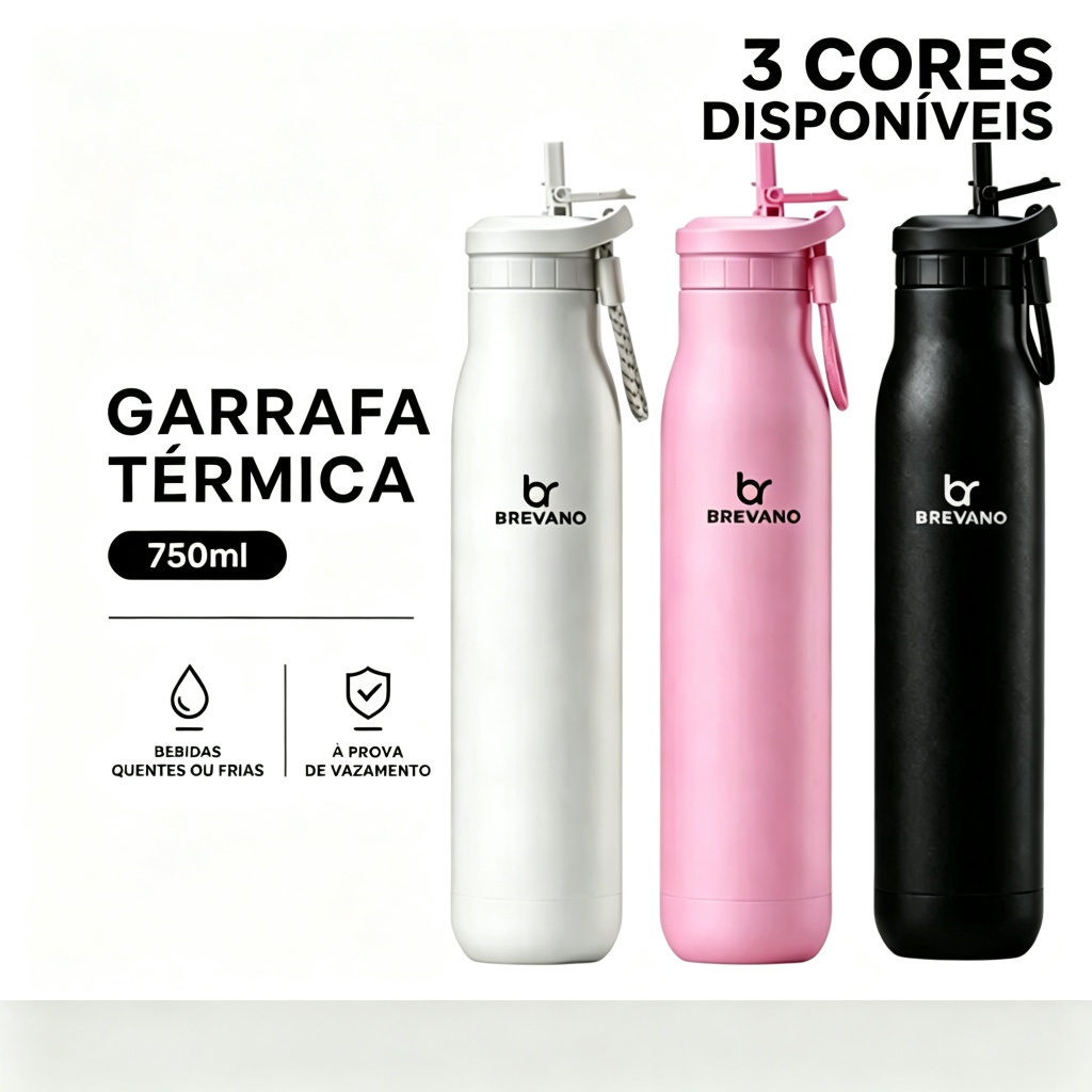Garrafa Térmica 750ml Inox com Canudo Portátil À Prova de Vazamento