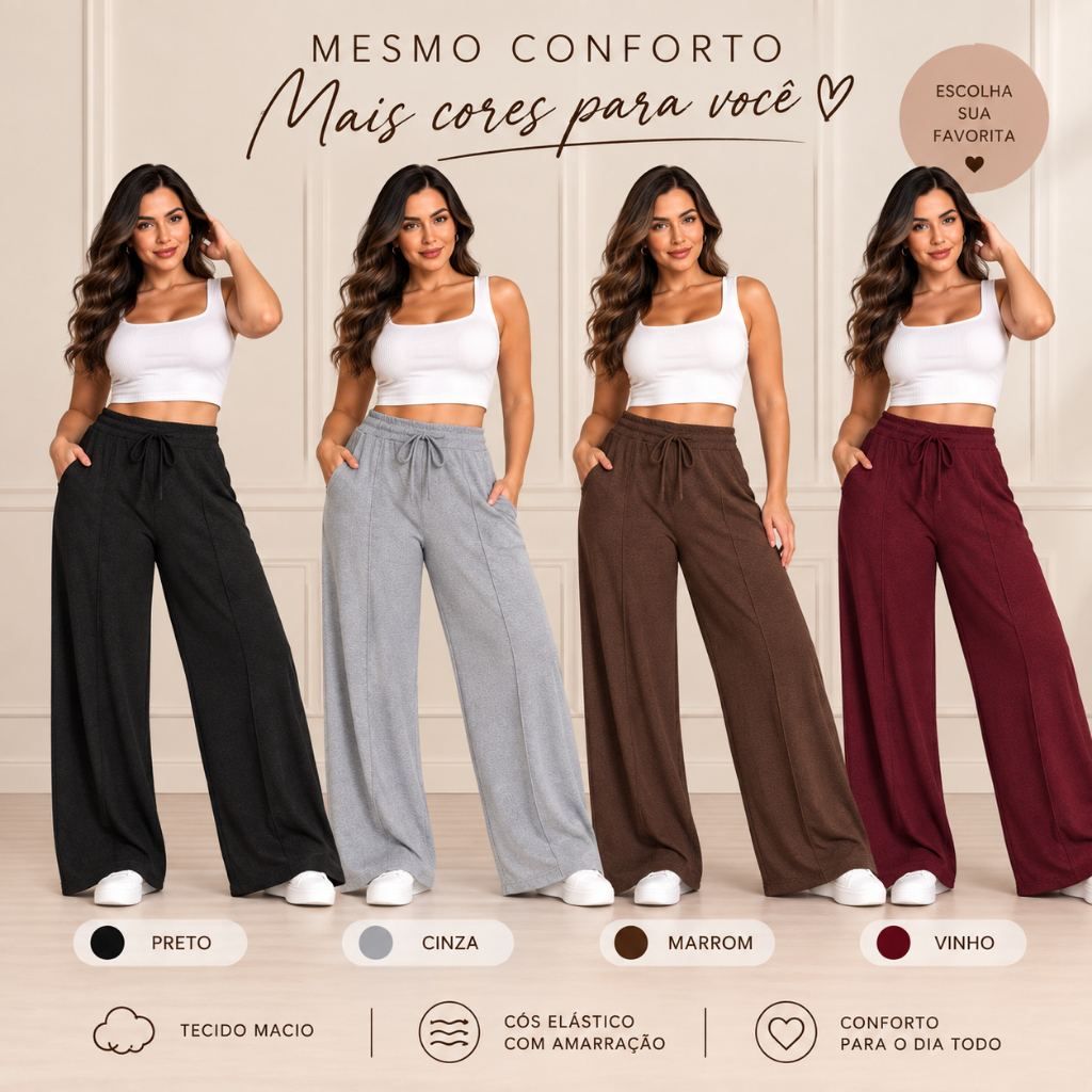 Calça Pantalona Lanzinha Promoção Feminina Cintura Alta Com Elastico e Bolso Outono Inverno