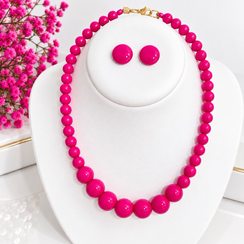Conjunto 1 Colar Bola e 1 Par Brinco Botão Resina Pequeno Feminino Moda Tendência Elegante Trabalho Festa