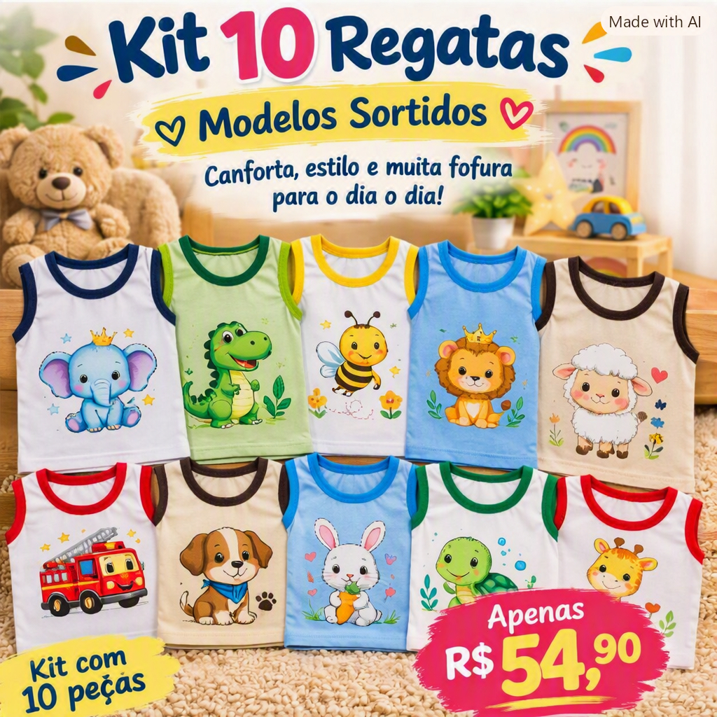 Kit10 Camisetas Bebê Verão Sem Manga Regata Confortável Roupa Infantil Menino Menina Estampadas RN a 2 Anos