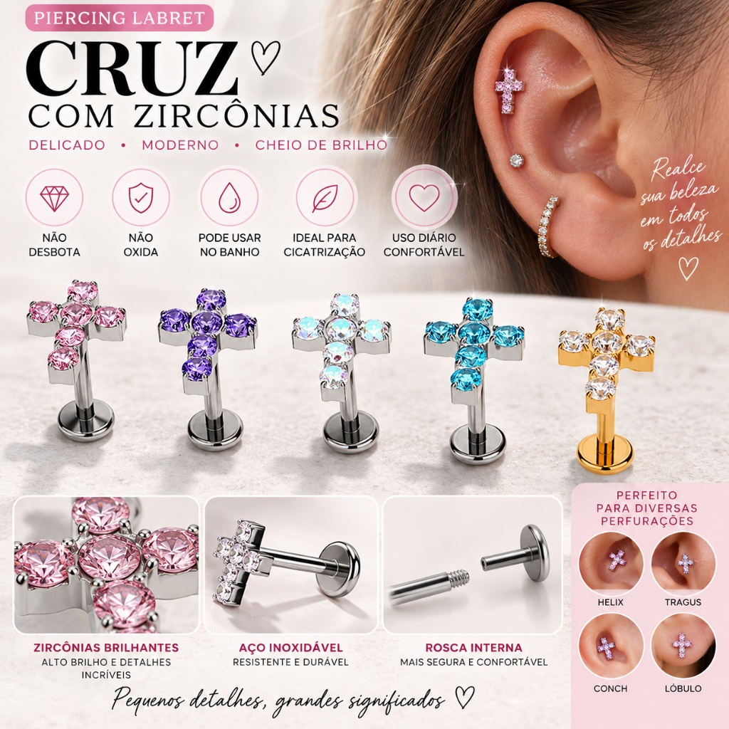 Piercing Labret Cruz com Zircônia Brilhante Aço Inoxidável Rosca Interna Helix Tragus Conch Cartilagem Orelha