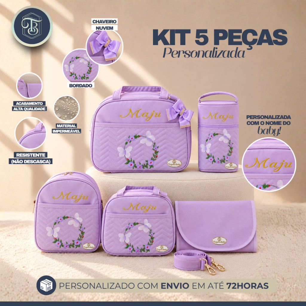 Kit Bolsa Maternidade Borboleta 5 Peças Personalizada Cor (Lilás)