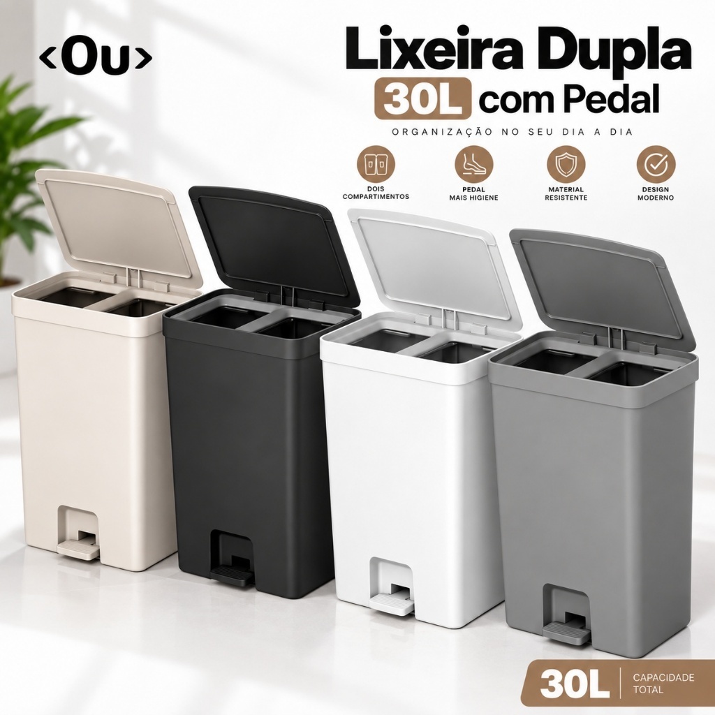 Lixeira Dupla 30L com Pedal para Cozinha – Coleta Seletiva Orgânico e Reciclável OU Trium