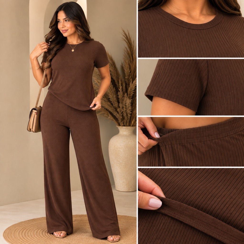 Conjunto Feminino Calça Pantalona Assimétrico  Ana ruga caneladinho Elegante