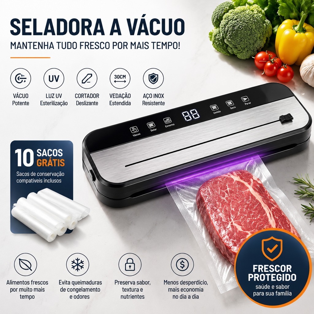 Seladora a Vácuo Automática Doméstica para Alimentos + 10 Sacos de Conservação - Bivolt (110V/220V)