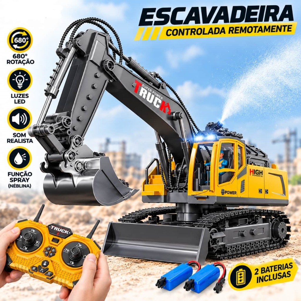 Escavadeira de Controle Remoto 11 Canais 680° Caçamba Metálica Spray de Água Luz e Som