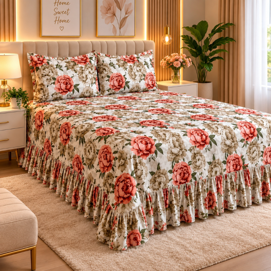 Kit Colcha Casal Quenn com Babado 3 Peças Micropercal Toque de Algodão Kit Completo com Fronhas para Cama Confortável