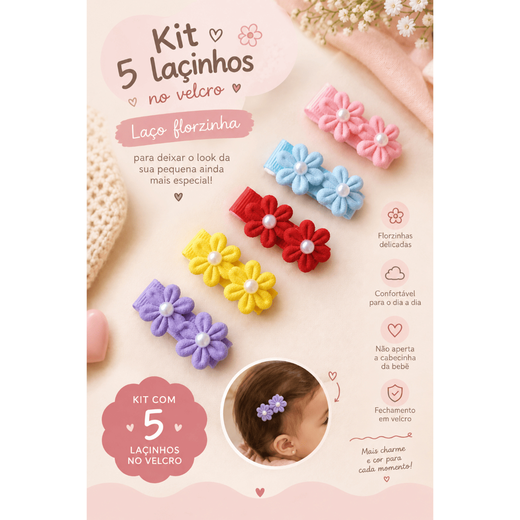 Kit 5 Lacinhos Com Velcro Para Bebê RN Florzinha /Pouco Cabelinho /Carapicho/Delicados e Confortaveis