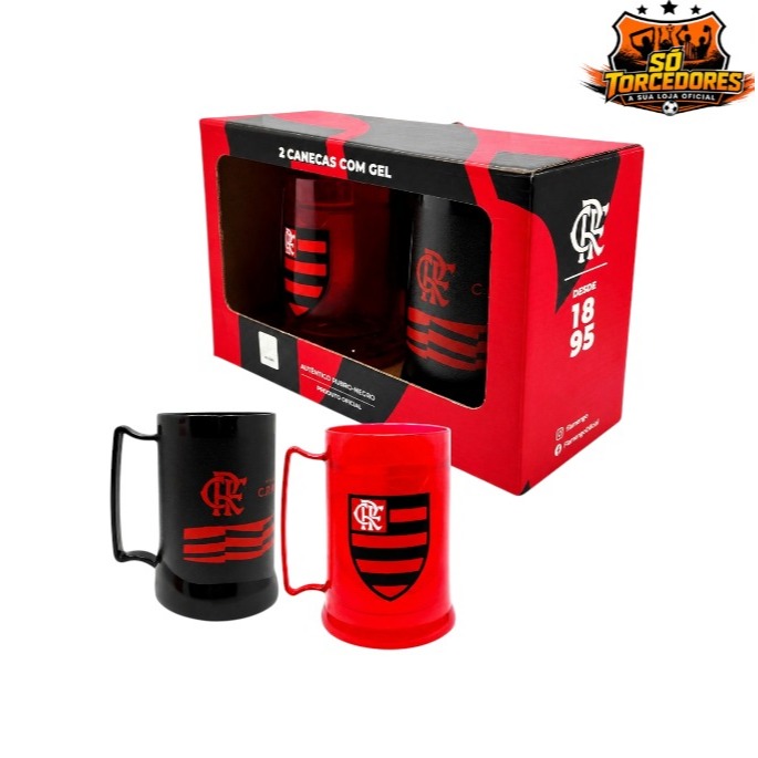 KIT 2 CANECAS COM GEL FLAMENGO OFICIAL 300ML E 400ML RUBRO-NEGRO