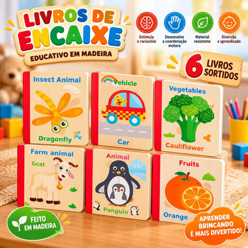 KIT 2 Livros Quebra Cabeça Em Mdf Método Montessori Educacional Infantil Didático VMP