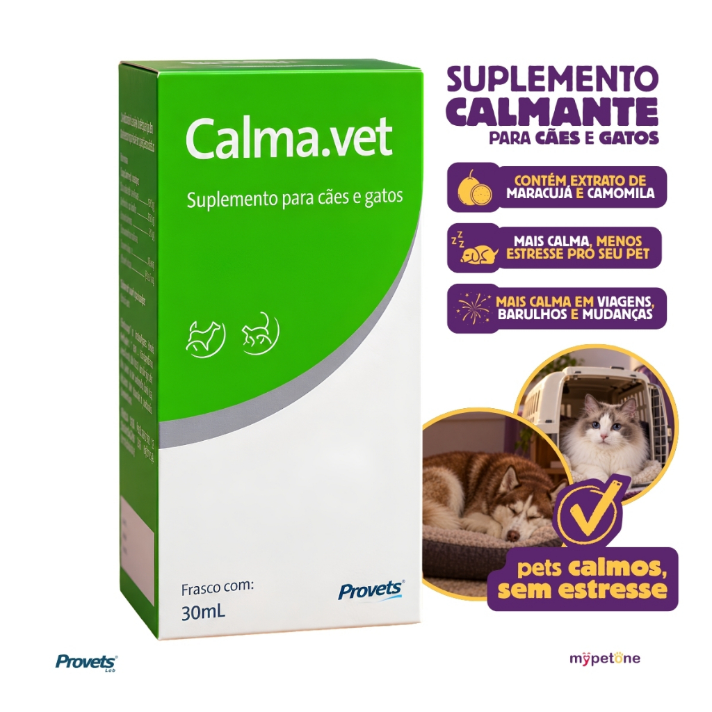 Calmavet 30ml Calmante Natural Cães e Gatos Alivia Estresse e Acalma Para Viagens Barulhos e Mudanças - Provets