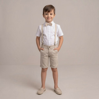 Conjunto Verão Social Infantil Para Meninos Com Manga Curta Com Variação de Gravata e Suspensório