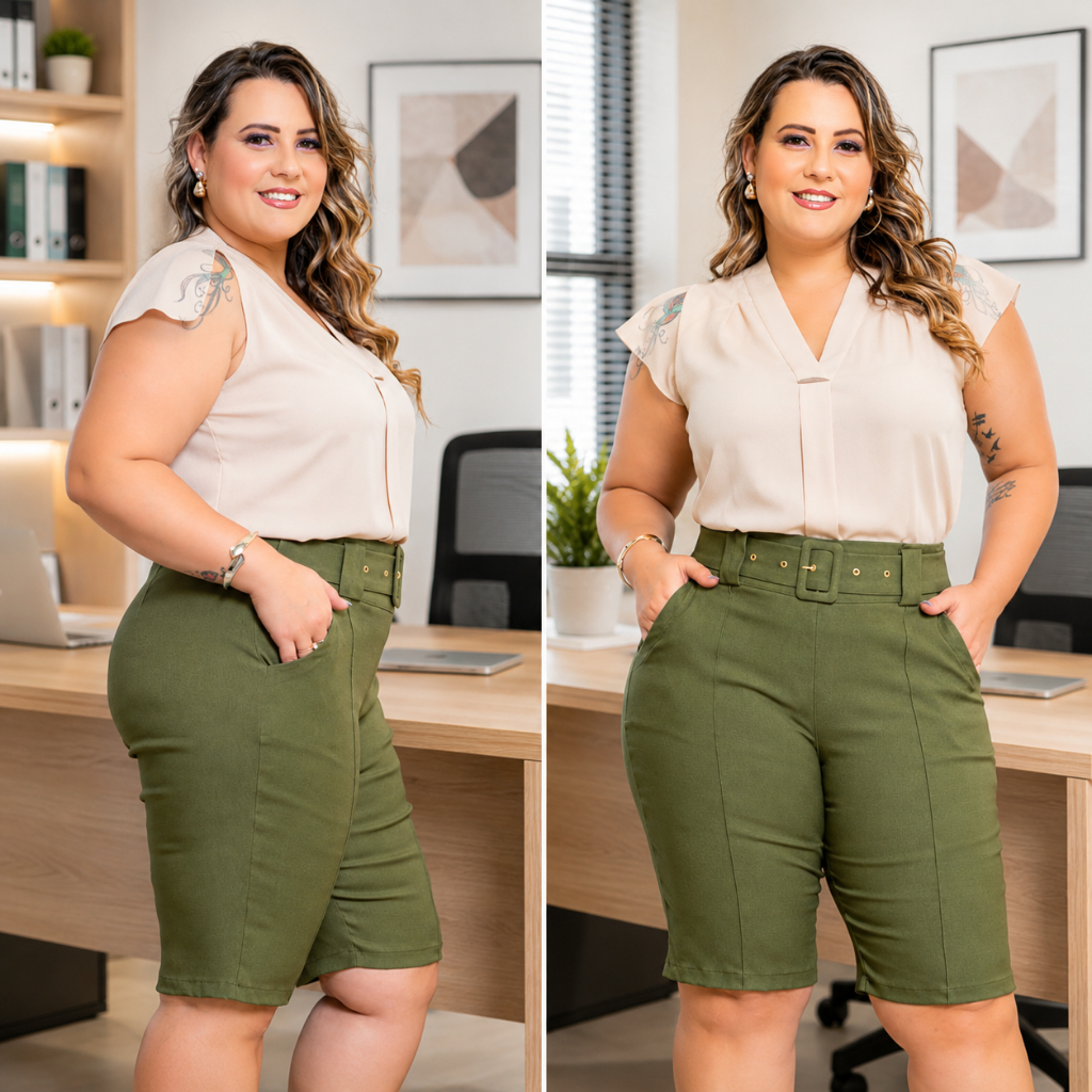 Bermuda shorts Feminino Plus Size Bengaline Cintura Alta com Cinto Modeladora Social Premium Confortável com Elastano