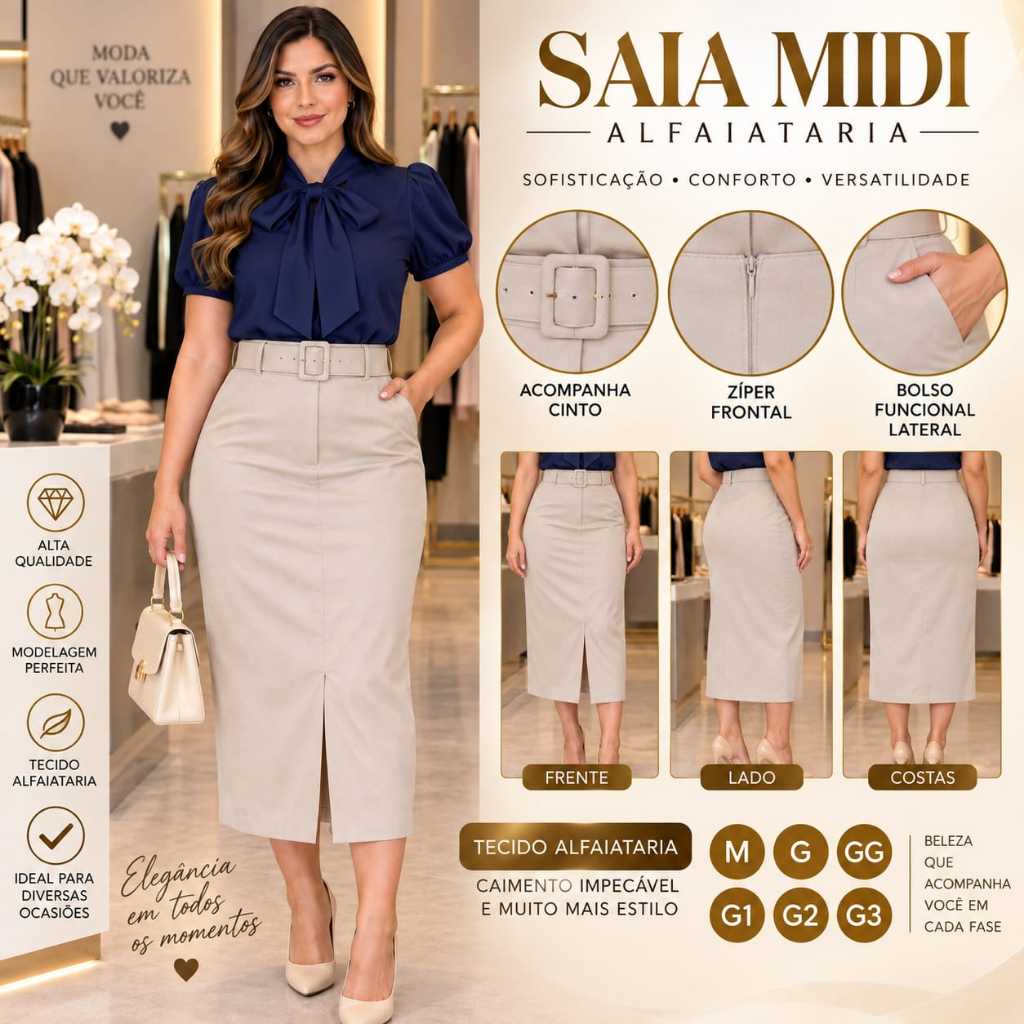 Saia Feminina Midi Alfaiataria Com Bolso Lateral Zíper frontal funcional acompanha cinto Ref 049