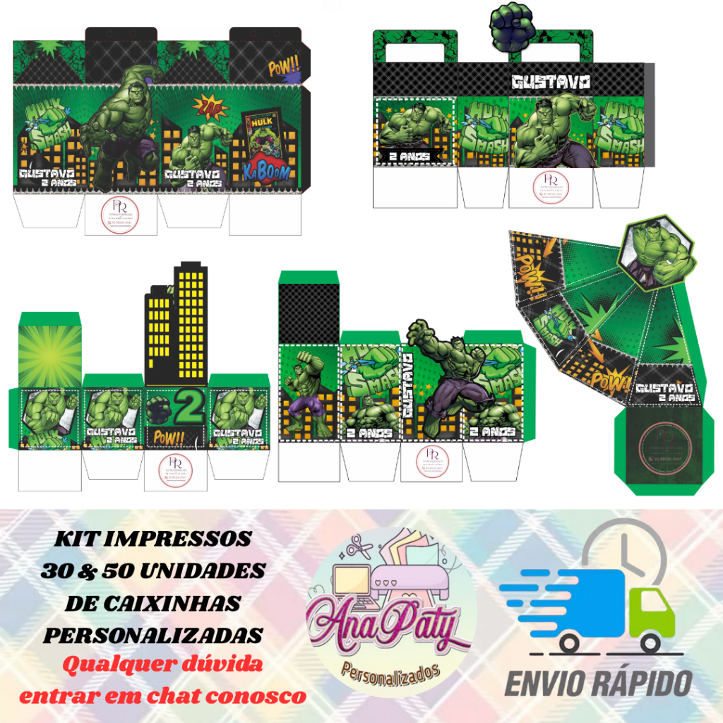 Kit 30 & 50 Caixinhas Lembrancinhas Personalizadas Hulk – Caixinhas para recortar e montar - Revelação