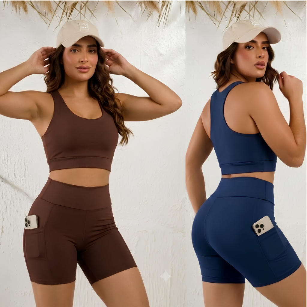 Kit 2 Conjuntos Fitness Feminino Top e Short Com Bolso Zero Transparência Academia Treino Corrida Caminhada