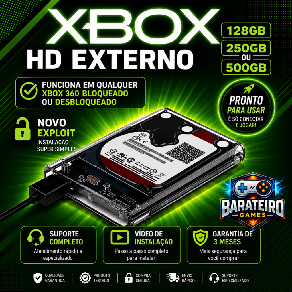 HD 128GB OU 250GB OU 500GB - PARA XBOX 360 - HD EXTERNO ATUALIZADO 2026