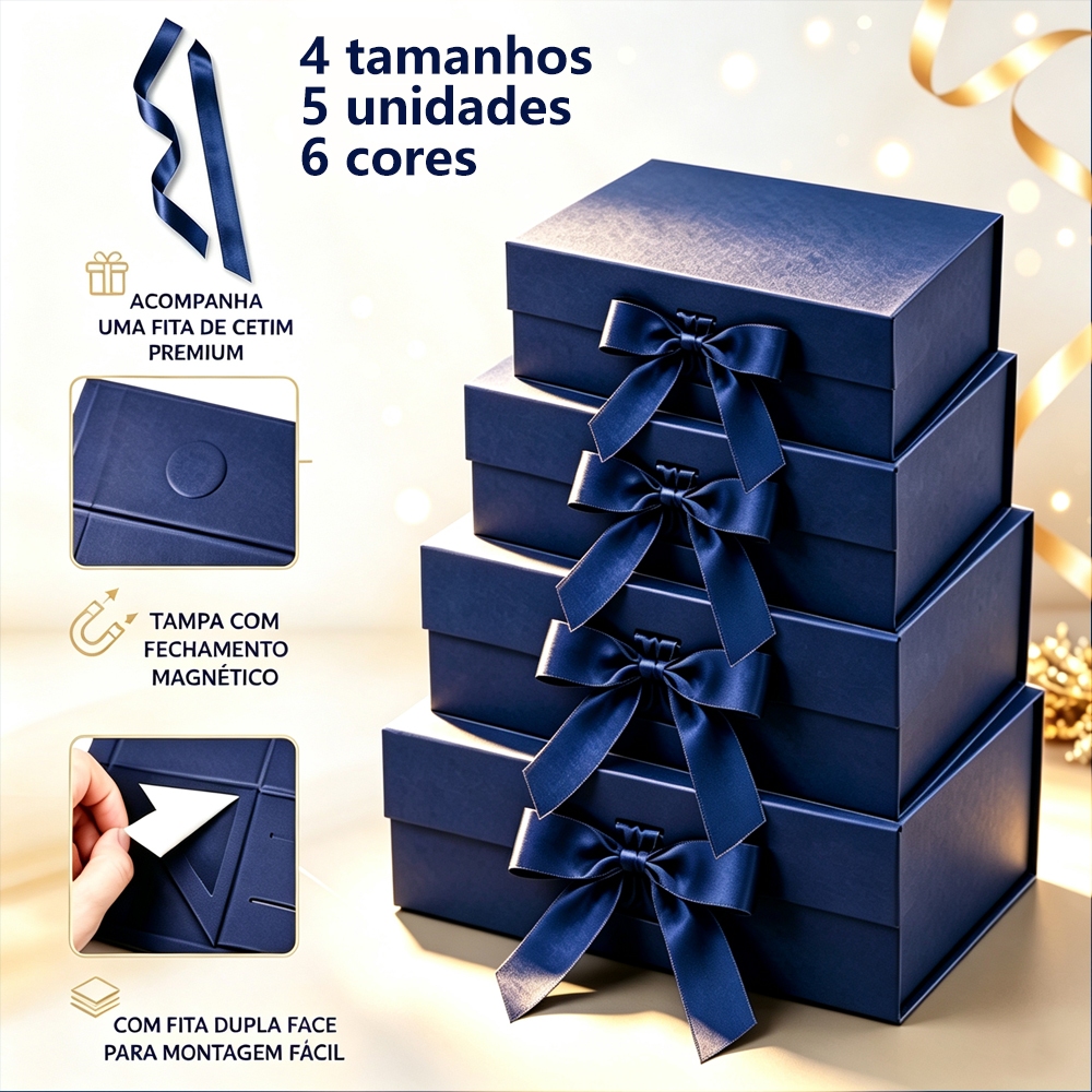 Kit 1/2 peças Caixa de Presente Dobrável Magnética com Laço de Cetim, Tamanho Extra Grande, Medidas 22*16.5*8.5 cm