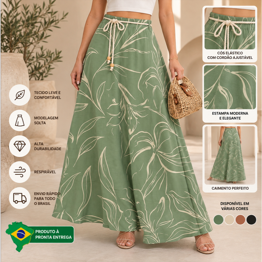 Saia Longa Feminina Viscose Sarjada Estampa Floral Cintura Alta com Amarração Elegante Verão