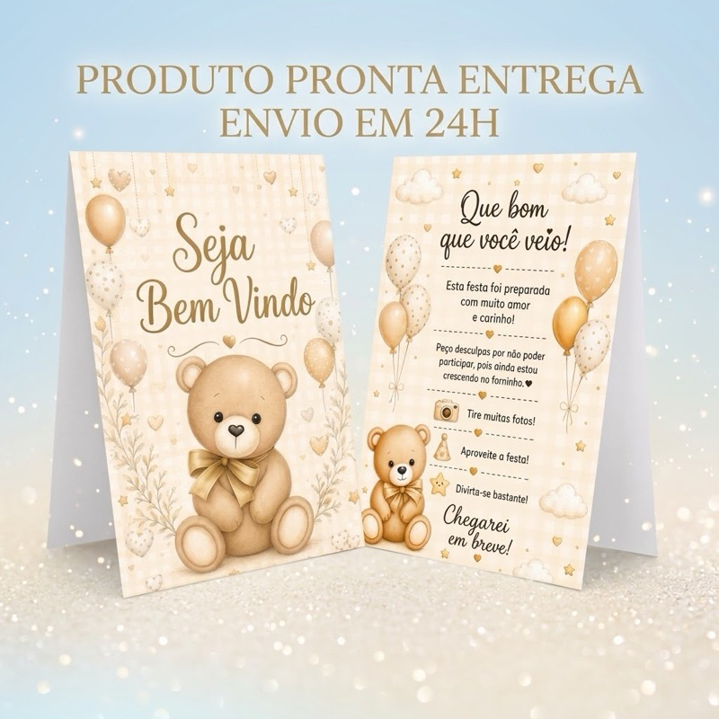 kit 10 Centro de Mesa - CHÁ REVELAÇÃO URSINHO BEGE- Plaquinha Agradecimento - Decoração Chá de bebê