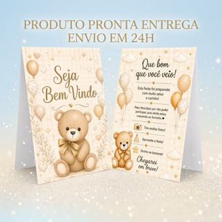 kit 10 Centro de Mesa - CHÁ REVELAÇÃO URSINHO BEGE- Plaquinha Agradecimento - Decoração Chá de bebê
