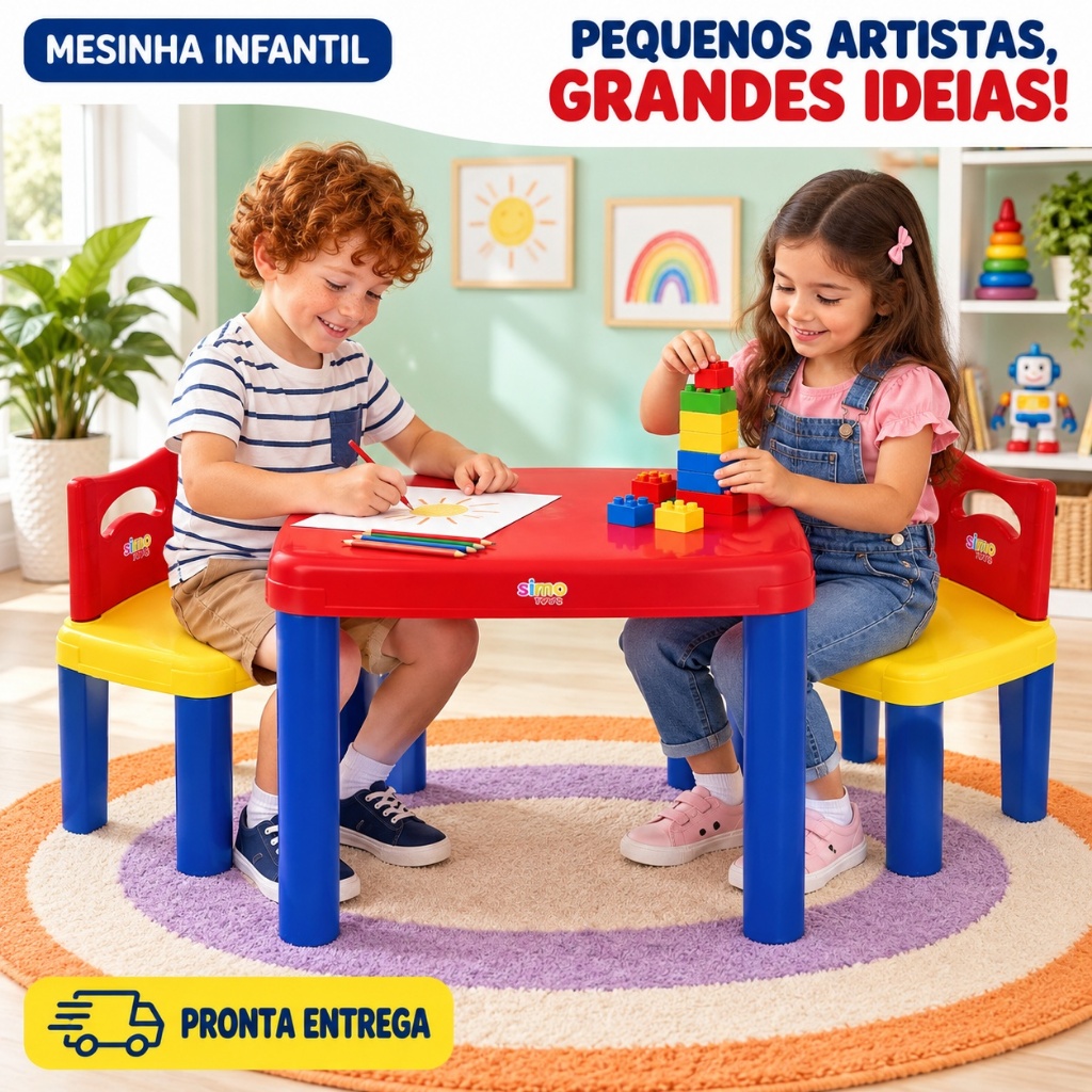 Kit Mesa Infantil com 2 Cadeiras Mesinha Didática Atividades Desenho Escola Brinquedoteca Menino Menina Resistente