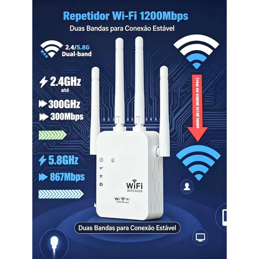 Repetidor de Sinal WiFi 1200Mbps Dual Band 2.4G 5.8G Amplificador de Rede Wireless