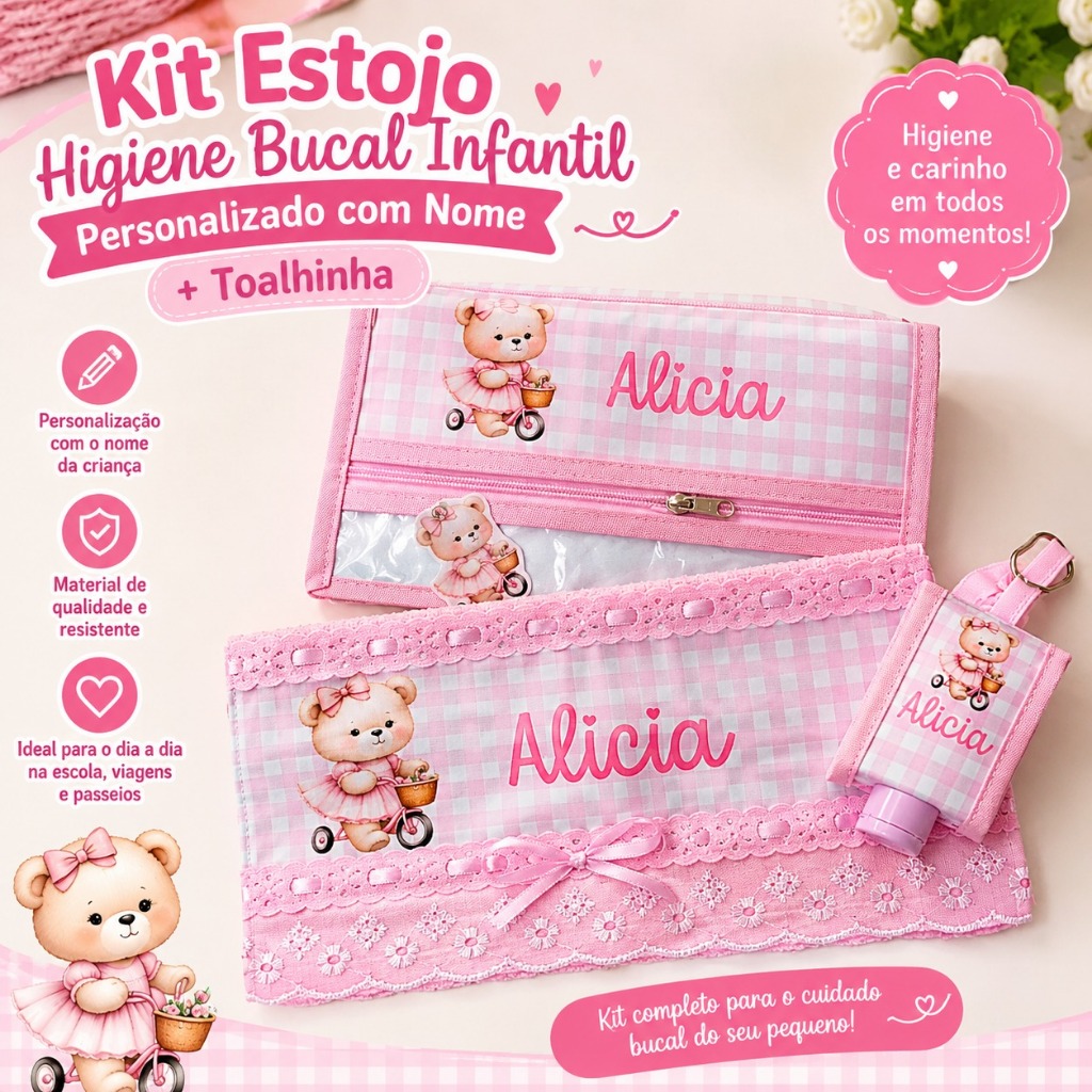 Kit Estojo Higiene Bucal Infantil Personalizado com Nome + Toalhinha
