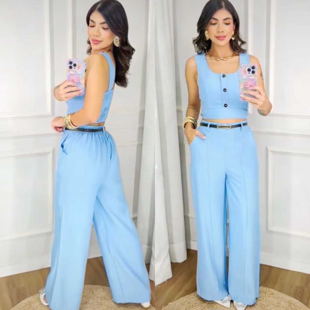Conjunto Feminino calça e regata marrante com bojo, lastex nas costas elegante