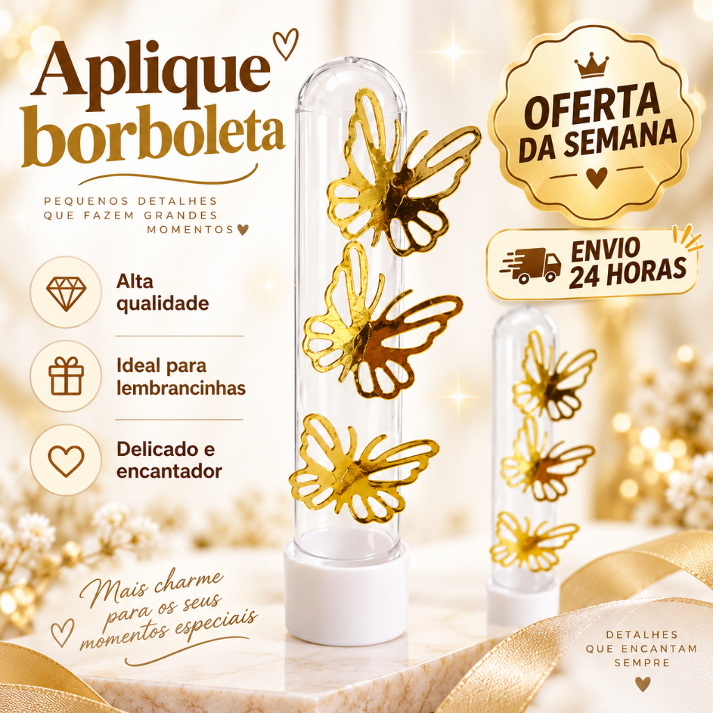 Kit 50 ou 100 Borboletas Douradas em Lamicote | Apliques para Tubetes, Lembrancinhas, Festas e Personalizados
