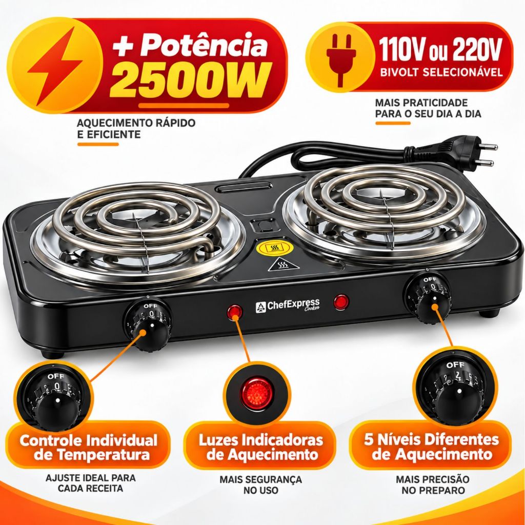 Fogão Elétrico de Mesa 1 e 2 Bocas 2500W 1200W Fogareiro Portátil Cooktop 110V 220V Prático Camping Viagem ChefExpress · foto 2