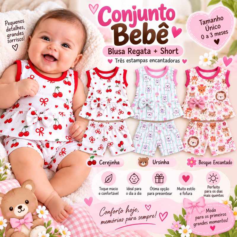 Conjunto Bebê Menina Blusa Regata + Short 0 a 3 Meses Estampado Verão