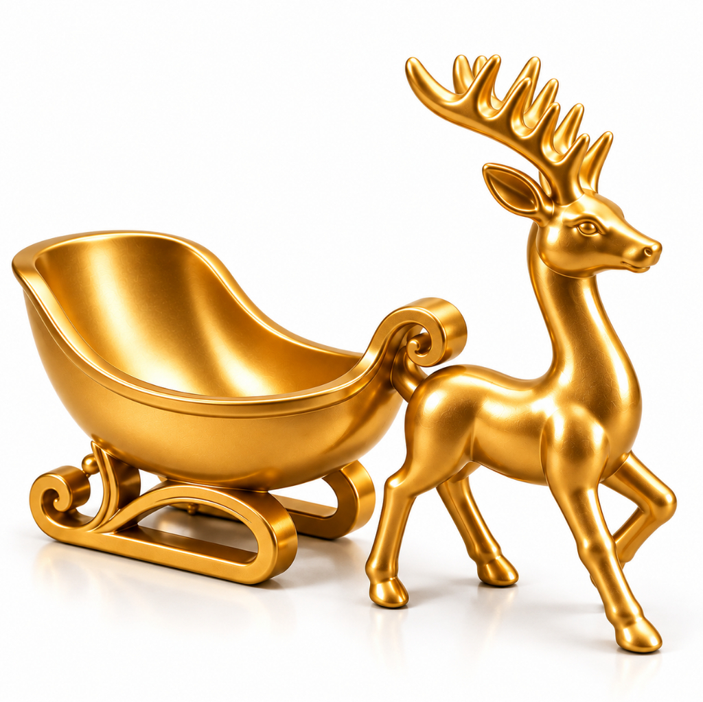 Rena com Trenó Dourado Decoração de Natal Enfeite de Mesa Bandeja Decorativa Natalina