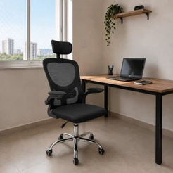 Cadeira Diretor Vegas Mesh: Ergonômica, Apoio Lombar e Cabeça, Braços Retráteis, Base Cromada, até 120kg Preto