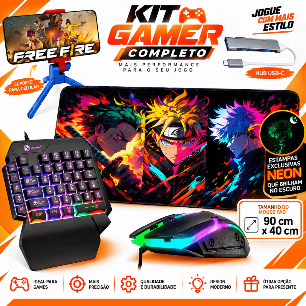 Mobilador Completo Gamer Mouse Rgb Tripe Mouse Pad Neon 90cm x 40cm Brilha No Escuro Hub Tipo C
