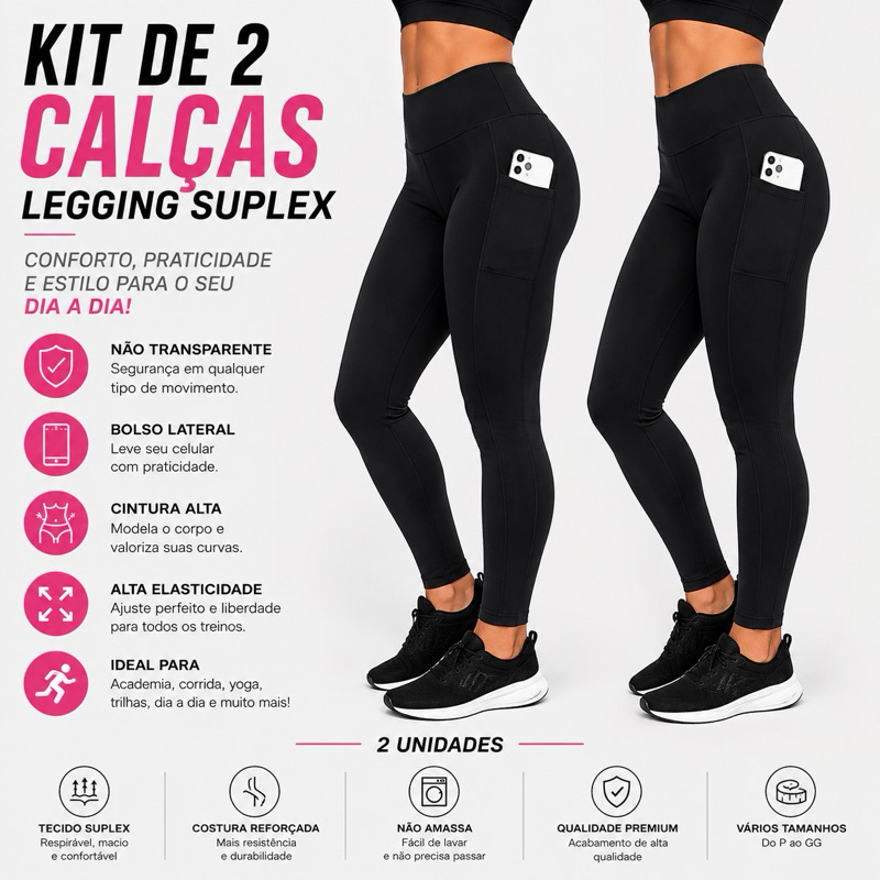 Kit 2 Calças Legging Feminina Suplex Não Transparente com Bolso Cintura Alta academia confortável