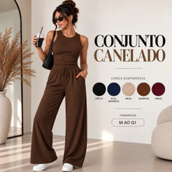 Conjunto Feminino Canelado Regata e Calça Pantalona Wide Leg com Bolso M ao G1