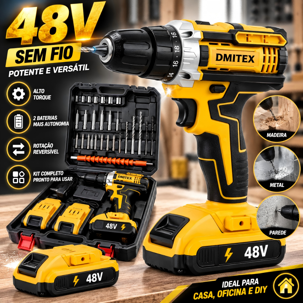 Parafusadeira Furadeira Sem Fio 48V Recarregáveis 2 Baterias Com Maleta e Acessórios 28pcs Completo