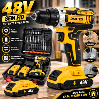 Parafusadeira Furadeira Sem Fio 48V Recarregáveis 2 Baterias Com Maleta e Acessórios 28pc…