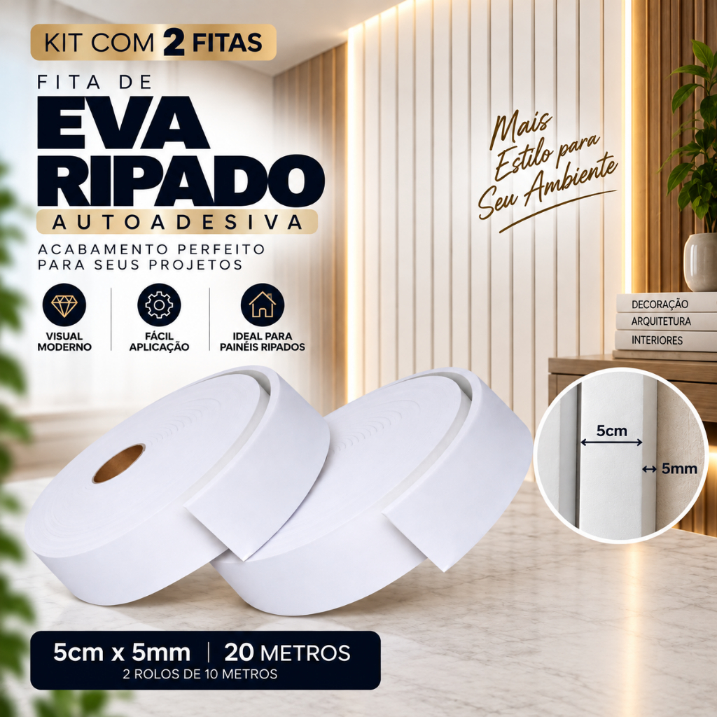 KIT De 2 Fitas de EVA para Ripado Branco Autocolante 5cmx5mmx20m Painel Decorativo para Parede Porta e Vedaçao