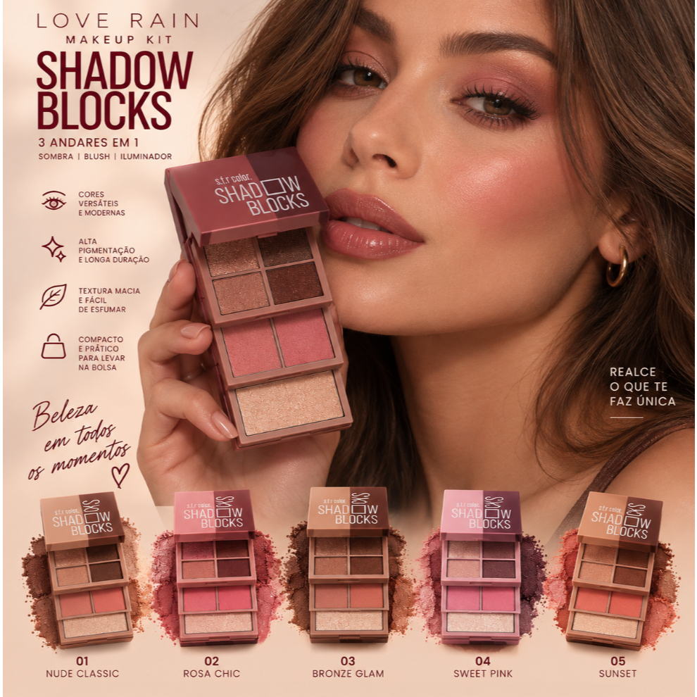 Paleta Maquiagem Shadow Blocks 3 Andares 3 em 1 Sombras Blush Iluminador Kit Compacto Love Rain