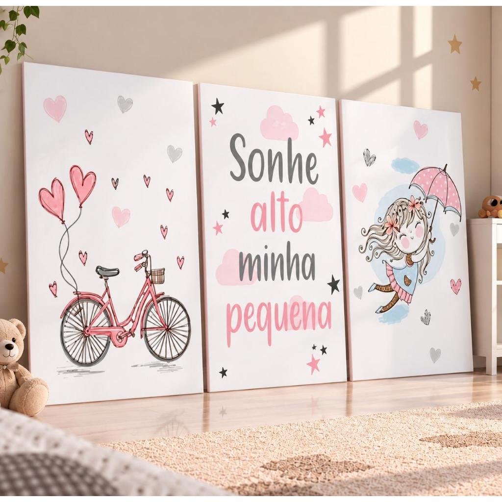 Kit 3 Quadros Quarto Infantil Menina Sonhe Alto Minha Pequena